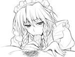  :&gt;= ayagami_dorako braid fellatio greyscale hairband izayoi_sakuya maid monochrome oral penis short_hair solo_focus touhou twin_braids 