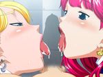  2girls blonde_hair blush earrings fellatio fuwa_daisuke game_cg hetero invisible_penis jewelry lipstick makeup multiple_fellatio multiple_girls open_mouth oral penis perfect_hole pink_hair pov red_hair sakuragi_megu saliva shiomi_madoka sweat teamwork tongue tongue_out uniform 