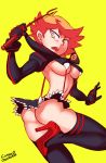  1girl amanda_o&#039;neill artist_name ass black_gloves black_legwear blonde_hair breasts combos_&amp;_doodles gloves green_background green_eyes high_heels kill_la_kill little_witch_academia medium_breasts multicolored_hair navel open_mouth red_hair senketsu short_hair simple_background solo standing standing_on_one_leg thighhighs tongue two-tone_hair underboob upper_teeth wand 