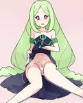  :d armband bad_id bad_pixiv_id bangs bare_shoulders battle_spirits battle_spirits:_shounen_gekiha_dan braid censored clitoris dress dress_lift flat_chest green_hair heart heart_censor legs long_hair looking_at_viewer momose_kajitsu no_panties novelty_censor open_mouth parted_bangs pink_eyes pussy shadow simple_background sitting smile solo sweat tamagoroo_(funifuni_labo) twin_braids very_long_hair 