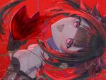  1girl black_gloves brown_hair commentary gloves head_back highres holding holding_mask honkai:_star_rail honkai_(series) kopi_(user_ajtn7422) long_hair mark_under_both_eyes mask open_mouth purple_eyes red_background red_mask signature smile solo sparkle_(honkai:_star_rail) watermark 
