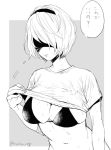 1girl arm_at_side arm_up artist_name black_bikini_top black_hairband breasts closed_mouth commentary_request greyscale hairband large_breasts lifted_by_self mellow_rag mole mole_under_mouth monochrome navel nier_(series) nier_automata shirt shirt_lift short_hair short_sleeves solo speech_bubble translation_request twitter_username yorha_no._2_type_b 