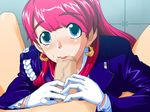  1girl :&gt;= blue_eyes blush censored earrings fellatio fuwa_daisuke game_cg gloves handjob hetero jewelry lipstick makeup mosaic_censoring oral penis perfect_hole pink_hair pov red_hair sakuragi_megu solo_focus sweat uniform white_gloves 