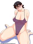  areolae black_hair breasts copyright_request glasses mature miyabi_tsuzuru one-piece_swimsuit plump pubic_hair see-through short_hair solo swimsuit 