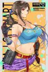  armlet armored_gloves bandaged_hand bandages bare_shoulders bead_bracelet beads belt black_gloves blue_ribbon blue_shirt bracelet breasts brown_hair character_name cleavage closed_mouth cosplay cowboy_shot crop_top final_fantasy final_fantasy_vi gloves hair_ribbon hand_on_own_hip highres jewelry large_breasts light_smile long_hair low_ponytail midriff navel official_alternate_costume orange_background pants quichi_91 red_belt red_eyes ribbon sabin_rene_figaro sabin_rene_figaro_(cosplay) sash shirt single_sidelock strapless swept_bangs tifa_lockhart tifa_lockhart_(sabin&#039;s_style) tube_top waist_sash yellow_pants 