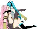  aqua_hair areolae bad_id bad_pixiv_id blush boots breasts closed_eyes french_kiss hatsune_miku kiss large_breasts leg_lock legs long_hair megurine_luka multiple_girls nipples open_clothes open_shirt pink_hair shirt shoes simple_background single_shoe suko_mugi sweat tears thighhighs tongue twintails very_long_hair vocaloid yuri 