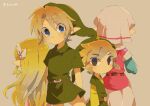  2boys 2girls artist_name back belt blonde_hair blue_eyes blush closed_mouth dress floating_hair gloves jewelry link long_hair looking_up multicolored_hair multiple_boys multiple_girls multiple_persona necklace open_mouth pink_dress princess_zelda the_legend_of_zelda the_legend_of_zelda:_ocarina_of_time the_legend_of_zelda:_spirit_tracks the_legend_of_zelda:_the_wind_waker tiara tokuura toon_link toon_zelda upper_body 
