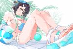  1girl ahoge arknights bai_xin ball bare_legs bare_shoulders beachball bikini black_hair breasts cleavage feather_hair feet frilled_bikini frills green_eyes hair_bun hair_intakes hand_on_own_knee knees_up la_pluma_(arknights) la_pluma_(summer_flowers)_(arknights) lens_flare looking_at_viewer medium_breasts navel official_alternate_costume on_floor parted_lips perspective plant sandals short_hair simple_background single_hair_bun single_side_bun sitting smile solo sweat swimsuit tile_floor tiles toes white_background white_bikini white_footwear wing_hair_ornament 