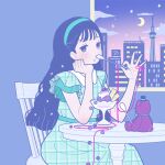  1girl absurdres bangs berry black_hair blue_eyes chair city collared_dress crescent_moon dress food food_on_face frilled_sleeves frills hairband half-closed_eyes hand_on_own_cheek hand_on_own_face head_rest highres holding holding_spoon ice_cream long_hair moon night on_chair original plaid plaid_dress short_sleeves sitting sky solo spoon star_(sky) starry_sky string stuffed_animal stuffed_toy sunset teddy_bear utensil_in_mouth very_long_hair w wafer wavy_hair window yoshimon 