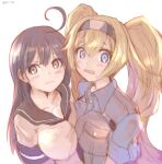  2girls ahoge asymmetrical_docking black_hair blonde_hair blue_eyes blue_sailor_collar blue_shirt breast_pocket breast_press breasts chicken99 collared_shirt gambier_bay_(kancolle) grey_eyes hairband highres kantai_collection large_breasts long_hair multiple_girls one-hour_drawing_challenge pocket sailor_collar school_uniform serafuku shirt twintails upper_body ushio_(kancolle) white_background 