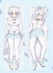  1girl absurdres arctic_fox_(kemono_friends) blue_bow blue_bowtie blue_skirt boots bound bound_wrists bow bowtie commentary dakimakura_(medium) embarrassed highres karekusa_meronu kemono_friends long_hair long_sleeves looking_at_viewer lying multiple_views on_back orange_eyes pantyhose pleated_skirt shirt skirt symbol-only_commentary white_footwear white_hair white_pantyhose white_shirt 