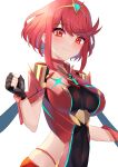  1girl bangs black_gloves breasts chest_jewel earrings fingerless_gloves gem gloves headpiece highres jewelry kyaro_(wanu_14) large_breasts pyra_(xenoblade) red_eyes red_hair red_shorts short_hair short_shorts shorts solo swept_bangs tiara xenoblade_chronicles_(series) xenoblade_chronicles_2 