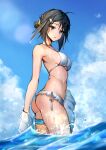  1girl absurdres ahoge arknights bikini black_hair blue_eyes blue_sky blush breasts cloud cloudy_sky cowboy_shot feather_hair ghosty_(xiaobai) hair_ornament hairclip highres jacket la_pluma_(arknights) la_pluma_(summer_flowers)_(arknights) looking_at_viewer medium_breasts off_shoulder official_alternate_costume open_clothes open_jacket outdoors short_hair side-tie_bikini sideboob sky solo swimsuit thighlet wading water white_bikini white_jacket 