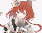  1girl :d animal_ears arknights armor brown_eyes ear_covers ear_tag figmnts flametail_(arknights) long_hair looking_at_viewer open_mouth red_hair shirt simple_background smile solo squirrel_ears teeth upper_body upper_teeth white_background white_shirt 