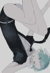  1other androgynous aqua_eyes aqua_hair aqua_nails bangs belt black_shirt black_shorts collared_shirt colored_skin crack cracked_skin crystal_hair dashi_umm ears_visible_through_hair gem_uniform_(houseki_no_kuni) hand_on_own_face highres houseki_no_kuni looking_at_viewer nail_polish necktie other_focus parted_bangs phosphophyllite puffy_short_sleeves puffy_sleeves shirt short_hair short_jumpsuit short_shorts short_sleeves shorts simple_background smile translucent_hair upside-down white_background white_belt white_shirt white_skin 