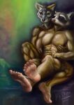 5_toes absurd_res canid canine claws clothing crab-eating_fox crab_eating crab_eating_racoon feet footwear fox hi_res high_heels male male/male mammal mroleoso muscular nude paws pecs pinksoles plantigrade pose procyonid raccoon soles toes 