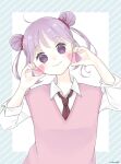  1girl bangs blush bow collared_shirt double_bun go-on hair_bow hair_bun hands_up head_tilt heart heart_hands heart_hands_duo highres looking_at_viewer medium_hair necktie original purple_eyes purple_hair school_uniform shirt sleeves_rolled_up smile solo striped_necktie sweater_vest 