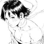  1girl bandaid bandaid_on_cheek bandaid_on_face bare_shoulders breasts choker cleavage greyscale looking_at_viewer makoto_(street_fighter) medium_hair monochrome parted_lips ribbon_choker short_hair shu-mai simple_background solo street_fighter street_fighter_iii_(series) white_background wide_sleeves 