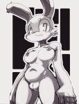  2022 4_fingers :3 anthro areola big_breasts big_hands black_background blush breasts clitoris collarbone curvaceous curvy_figure erect_nipples eyebrows female fingers fluffy fluffy_ears front_view fur genitals glistening glistening_eyes grey_eyes greyscale hourglass_figure lagomorph leporid looking_at_viewer looking_down low-angle_view mammal monochrome navel nipples nude plump_labia pussy rabbit shaded shadow simple_background small_areola small_nipples small_waist smile solo standing thick_thighs trowawa voluptuous white_background white_body white_fur wide_hips 