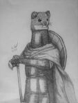  ambiguous_gender anthro armor fangs graphite_(artwork) greyscale hi_res holding_object holding_weapon lied_etal mammal monochrome mustela mustelid musteline pencil_(artwork) portrait shaded signature simple_background sketch solo stoat traditional_media_(artwork) true_musteline weapon white_background 