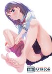  black_hair blue_eyes bow bowtie cardigan frilled_panties frills gridman_universe long_hair panties patreon_username red_bow red_panties red_socks removing_legwear removing_sock school_uniform socks ssss.gridman sydus takarada_rikka third-party_source toenails toes underwear watermark 