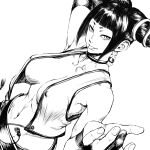  1girl :p breasts choker covered_nipples fingernails gloves greyscale hair_horns han_juri hand_on_own_neck large_breasts looking_at_viewer monochrome navel no_bra partially_fingerless_gloves reaching_out shu-mai simple_background smile solo street_fighter street_fighter_6 tongue tongue_out vest white_background 