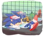  2022 anthro bathroom black_nose blue_body blue_hair blush brush bubble clothing digital_media_(artwork) eulipotyphlan eyes_closed footwear hair hands_behind_head hedgehog hi_res male mammal orphisterical sega shampoo shoes sink solo sonic_the_hedgehog sonic_the_hedgehog_(series) tan_body towel water 