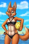  2022 5_fingers anthro ball bikini bikini_bottom bikini_top black_bikini black_clothing black_swimwear breasts canid canine canis claws cleavage clothed clothing diane_foxington dreamworks duo eyebrow_piercing eyebrows facial_piercing fangs female finger_claws fingers fox fur heresy_(artist) hi_res humanoid_hands jetski male mammal mr._wolf_(the_bad_guys) navel navel_piercing open_mouth open_smile orange_body orange_fur piercing pink_nose signature small_breasts smile solo_focus swimwear teeth the_bad_guys tongue under_boob volleyball_(ball) water wolf 