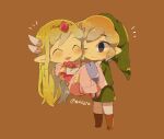  1boy 1girl artist_name back belt blonde_hair blue_eyes blush closed_mouth dress floating_hair full_body gloves jewelry link long_hair looking_up multicolored_hair necklace open_mouth pink_dress princess_zelda the_legend_of_zelda the_legend_of_zelda:_spirit_tracks the_legend_of_zelda:_the_wind_waker tiara tokuura toon_link toon_zelda 