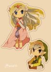  1boy 1girl artist_name back belt blonde_hair blue_eyes blush closed_mouth dress floating_hair gloves jewelry link long_hair looking_up multicolored_hair necklace open_mouth pink_dress princess_zelda the_legend_of_zelda the_legend_of_zelda:_spirit_tracks the_legend_of_zelda:_the_wind_waker tiara tokuura toon_link toon_zelda 