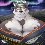  abs accessory anthro asian_clothing canid canine canis clothing east_asian_clothing fur half_naked headband headgear headwear hi_res horkeu_kamui_(tas) japanese_clothing lifewonders male mammal matsurishiroii muscular nipples pecs pink_nipples solo tokyo_afterschool_summoners video_games white_body white_fur wolf yellow_eyes 