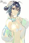  1girl ahoge arknights bare_shoulders bikini black_hair breasts goggles goggles_around_neck grey_eyes hair_ornament hairclip highres jacket la_pluma_(arknights) la_pluma_(summer_flowers)_(arknights) looking_at_viewer medium_breasts no_navel off_shoulder open_clothes open_jacket philosand short_hair simple_background solo stomach swimsuit upper_body white_background white_bikini 