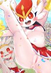  anthro anus areola blush breasts cinderace duo female fur genitals hi_res lagomorph leporid mammal navel nintendo nipples open_mouth pok&eacute;mon pok&eacute;mon_(species) prrrrrrmine public pussy raboot size_difference small_breasts video_games white_body white_fur young 