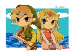  1boy 1girl artist_name back belt blonde_hair blue_eyes blush closed_mouth dress floating_hair gloves jewelry link long_hair looking_up multicolored_hair necklace open_mouth pink_dress princess_zelda the_legend_of_zelda the_legend_of_zelda:_the_wind_waker tiara tokuura toon_link toon_zelda upper_body 