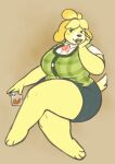  alcohol animal_crossing anthro barefoot beverage big_breasts blonde_hair blush bottomwear breasts canid canine canis clothed clothing domestic_dog feet female fully_clothed fur galacticgoodie hair hand_on_cheek hi_res holding_glass holding_object huge_breasts ice_cube isabelle_(animal_crossing) lips mammal nintendo overweight overweight_anthro overweight_female pose shih_tzu shirt simple_background skirt solo tan_background thick_thighs topwear toy_dog video_games whiskey whiskey_glass yellow_body yellow_fur yellow_lips 