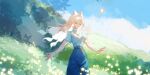 1girl absurdres animal_ears bug butterfly cat_ears closed_eyes cowboy_shot day glowing_butterfly grey_hair highres long_hair low-tied_long_hair outdoors pu_yo_yo short_sleeves sky:_children_of_the_light solo teth_(sky:_children_of_the_light) white_hair yellow_butterfly 