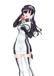  1girl african_penguin_(kemono_friends) black_hair black_sweater black_thighhighs blush brown_eyes flower hand_in_own_hair high_collar highres holding holding_flower kemono_friends long_hair long_sleeves losmal_indicus mittens multicolored_hair open_mouth penguin_girl penguin_tail purple_hair solo sweater tail thighhighs two-tone_sweater two-tone_thighhighs white_hair white_sweater white_thighhighs zettai_ryouiki 