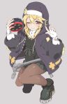  1boy alternate_color androgyne_symbol blonde_hair blush bridget_(guilty_gear) brown_pantyhose cross fingerless_gloves gloves guilty_gear guilty_gear_strive highres hood hoodie leggings long_hair looking_at_viewer male_focus nokita_(pinmisil) one_eye_closed otoko_no_ko pantyhose red_eyes ribbon short_hair simple_background smile solo yo-yo 