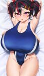  1girl absurdres armpits arms_behind_head black_hair breasts competition_swimsuit deka_(deka_4242) fang formica_(vtuber) hair_between_eyes hair_ornament hairclip highres huge_breasts large_breasts multicolored_hair one-piece_swimsuit oppai_loli presenting_armpit purple_eyes skin_fang streaked_hair swimsuit tongue tongue_out twintails virtual_anto_channel virtual_youtuber 
