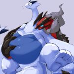  2022 ambiguous_gender avian belly belly_grab belly_squish big_belly blue_body bodily_fluids claws duo feral hi_res legendary_pok&eacute;mon long_neck lugia multicolored_body nintendo open_mouth po_chf pok&eacute;mon pok&eacute;mon_(species) simple_background squish sweat sweatdrop text two_tone_body video_games watermark white_body wings yveltal 