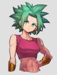  1girl abs blue_eyes breasts closed_mouth dragon_ball dragon_ball_super earrings green_hair grey_background hand_on_hip jewelry kefla_(dragon_ball) kemachiku looking_to_the_side medium_breasts navel potara_earrings short_hair simple_background solo upper_body 