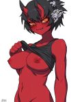  1girl :3 black_hair black_shirt blush bottomless breasts clothes_lift colored_skin fang fang_out hairband horns kidouko_(zakusi) large_breasts looking_at_viewer navel nipples oni oni_horns orange_eyes original out-of-frame_censoring red_oni red_skin shirt shirt_lift short_hair signature simple_background smile solo thick_eyebrows white_background zakusi 
