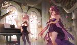  2girls apple_caramel bangs blush breasts fate/grand_order fate_(series) hair_between_eyes hair_over_one_eye highres large_breasts light_purple_hair long_hair looking_at_viewer mash_kyrielight multiple_girls open_mouth purple_eyes purple_hair red_eyes scathach_(fate) short_hair smile thighs 