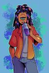  1_eye beverage bottomwear clothing dreadlocks drinking echinoderm echinozoan green_sclera half-closed_eyes hand_in_pocket hi_res holding_beverage holding_object humanoid looking_at_viewer male marine murch_(splatoon) narrowed_eyes nintendo open_mouth orange_body pants pockets purple_eyes sea_urchin shirt short_sleeves solo splatoon spooksghostie topwear undershirt video_games 