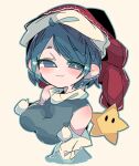  1girl blue_eyes blue_hair breasts doremy_sweet hat highres mario_(series) medium_breasts nightcap one-hour_drawing_challenge pom_pom_(clothes) power_star_(mario) r.h_no.1_fuyumomo short_hair simple_background smile smug solo touhou white_background 