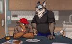  age_difference anthro ash_cinder beverage canid canine canis claws clothing coyote coywolf dire_wolf duo family father father_and_child father_and_son hat headgear headwear hi_res hybrid kitchen male male/male mammal parent parent_and_child smile son strannik stripes temiree wolf 