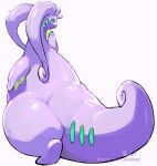  2022 absurd_res ambiguous_gender bodily_fluids dragon feral goo_(disambiguation) goo_dripping goodra green_eyes hi_res looking_at_viewer looking_back multicolored_body nintendo po_chf pok&eacute;mon pok&eacute;mon_(species) purple_body simple_background slime smile smooth_skin solo text thick_tail thick_thighs two_tone_body video_games watermark white_background wide_hips 