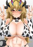  1girl abs animal_ears animal_print bangs bare_shoulders bell bikini blonde_hair breasts bridal_gauntlets cleavage collar collarbone cow_ears cow_horns cow_print cow_tail detached_sleeves double_v fairy_knight_gawain_(fate) fate/grand_order fate_(series) green_eyes heterochromia highres horns large_breasts long_hair looking_at_viewer muscular muscular_female navel neck_bell red_eyes sawatarou_(roto) solo swimsuit tail v white_bikini 