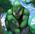  absurd_res anthro black_clothing black_topwear blue_sky bottomwear building clothing cloud crocodilian green_body green_scales green_tail grey_bottomwear grey_clothing grey_shorts head_spikes hi_res male mouth_closed muscular muscular_anthro muscular_male pecs plant reptile scales scalie shorts sky solo spiked_tail spikes spikes_(anatomy) t.y.stars topwear tree unsigned 