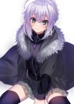  1girl ahoge bangs black_thighhighs blush braid closed_mouth commentary_request fate/grand_order fate_(series) french_braid fur-trimmed_jacket fur_trim gray_(fate) green_eyes green_skirt grey_hair grey_jacket hair_between_eyes highres hood hood_down jacket long_sleeves looking_at_viewer lord_el-melloi_ii_case_files miniskirt neko_daruma open_clothes open_jacket plaid plaid_skirt short_hair sidelocks simple_background sitting skirt smile solo thighhighs white_background 